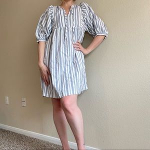 White and blue striped puff sleeve dress